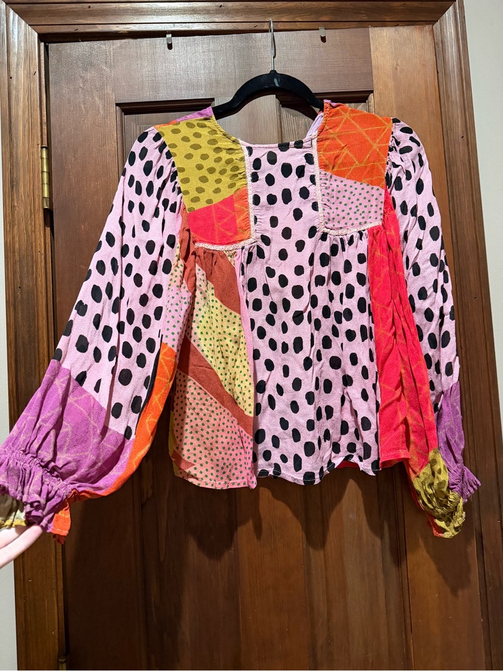 Anthropologie Pink Polka Dot Patchwork Peasant Top